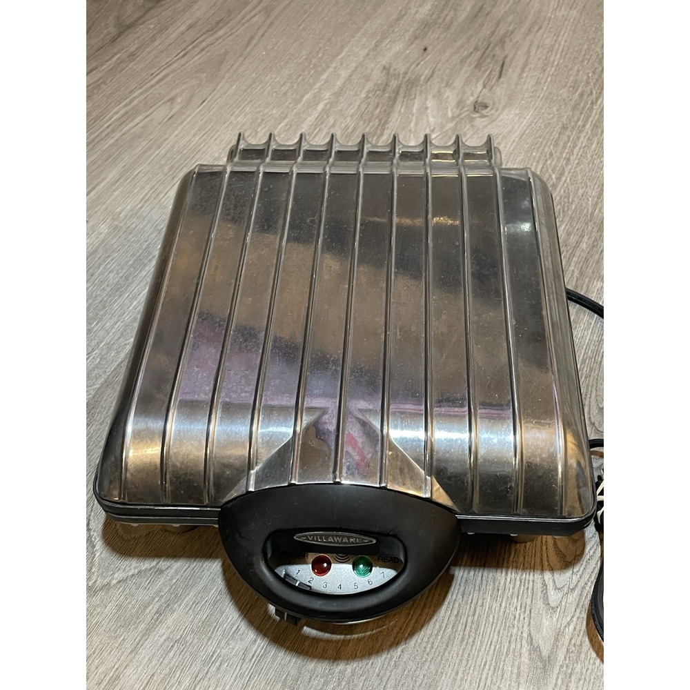 VillaWare Waffle Maker Model 2001 UNO Belgian Waffler 4-SQ Chrome Tested Works